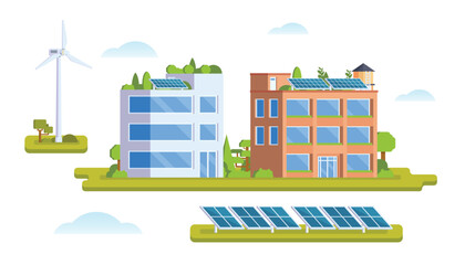 Fototapeta premium Vector elements representing eco town with solar panel and wind turbine. Illustration for landing page, Infographic, banner etc.