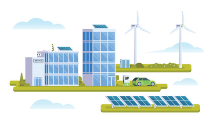 Vector elements representing eco town with solar panel and wind turbine. Illustration for landing page, Infographic, banner etc.