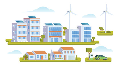 Vector elements representing eco town with solar panel and wind turbine. Illustration for landing page, Infographic, banner etc.