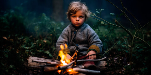 Child sitting by a fire in the woods