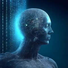 head with binary code, database transfer, network, Artificial Intelligence, AI, data management, data transfer, interconnected nodes, automation, optimization, advanced technology. Generative AI 