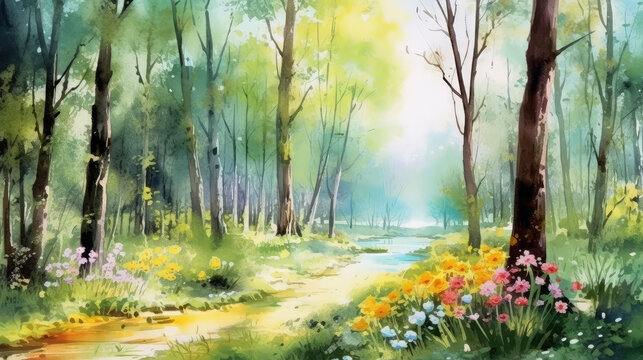 watercolour painting of a forest landscape in the spring