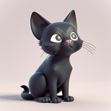 cartoon cat,black cat,isometric black cat long fur big ears a little chibby