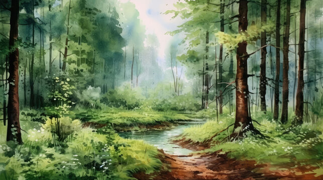 Watercolour painting of a forest landscape in the summer
