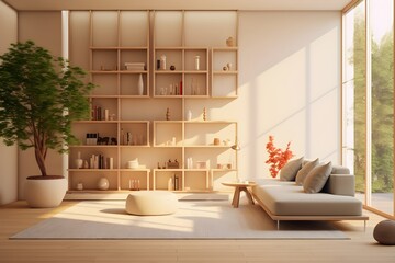 minimal japanese style living room interior, generative ai