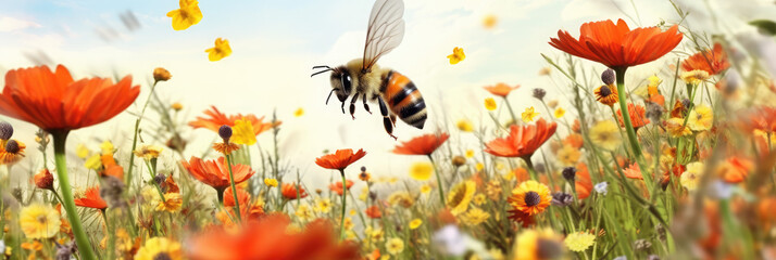 bee flying over a field of poppies illustration
