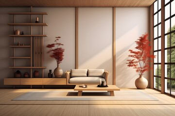 spacious zen modern living room japan style minimal interior, generative ai