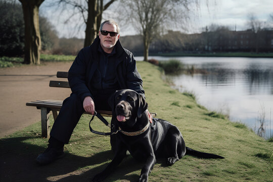 A Blind Man Sitting on a Bench by the River With a Trained Guide Black Retriever: AI Generated Image