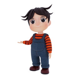 Cute boy showing something or pointing 3d rendering illustration using overall jeans and striped cloth cartoon