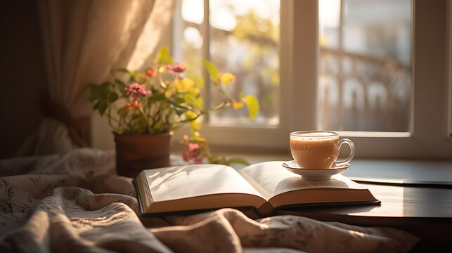 Book and a cup of hot coffee on the table beside the bed against a window overlooking the morning sun.Created with Generative AI technology.