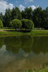 Fototapeta na wymiar Landscape, view of the lake and the shore, green trees and water surface