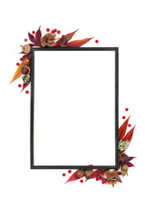 Autumn and Thanksgiving abstract floral leaf frame design with leaves, berry fruit, nuts. Minimal abstract nature Fall black border composition. On white background. Flat lay copy space.
