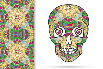 Day of The Dead colorful Sugar Skull with doodle ornament and decorative seamless floral geometric pattern. Hand drawn art background, tattoo, Halloween party card design, textile or paper print
