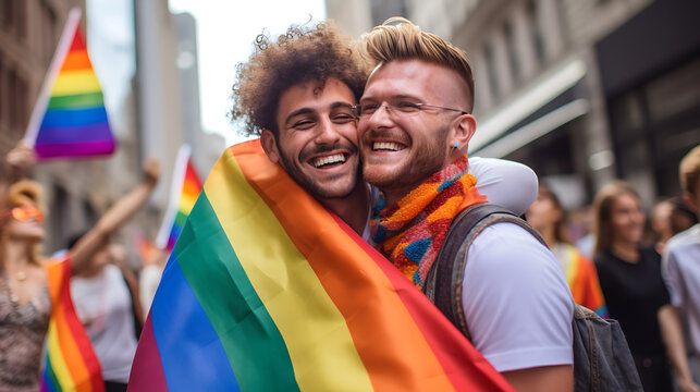 Happy young homosexual couple on the LGBT parade.Created with Generative AI technology.