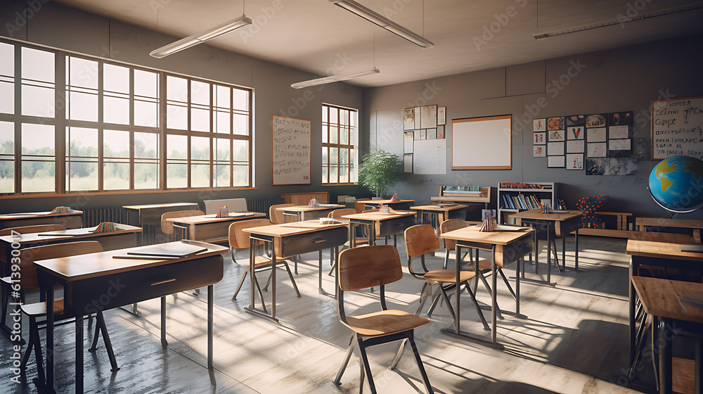 Aufkleber empty school class in the sunshine. created with generative ai technology.