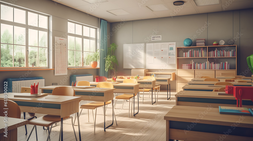 Aufkleber empty school class in the sunshine. created with generative ai technology.