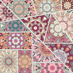 Vector patchwork quilt pattern. Vintage decorative collage. Hand drawn background. Indian, Arabic, Turkish motifs for printing on fabric or paper. Abstract colorful doodle pattern in mosaic style