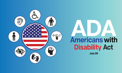 Americans with Disability Act design. It features a round American flag surrounded by different type of disabilities. Vector illustration