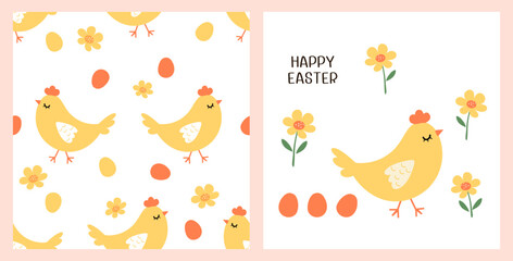 Seamless pattern with chicken hen, egg and flower on white background. Happy Easter with hen, eggs, flower icon signs and hand written fonts isolated on white background vector illustration.