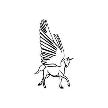 Vector sketch hand drawn silhouette of a unicorn, line art