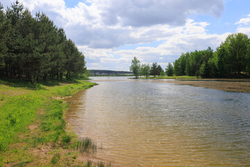 Landscape, view of the lake and the shore, green trees and water surface