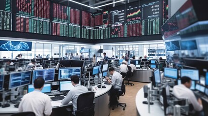 Trading floor with terminals, people in motion blur. Financial background. AI generative image.