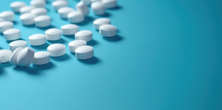 White pills on blue background. Offset left.