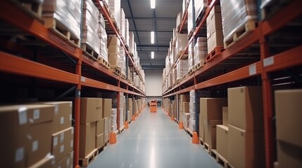 Illustration of modern spacious warehouse interior, logistic shelves with boxes. Storage indoor background. AI generative image.
