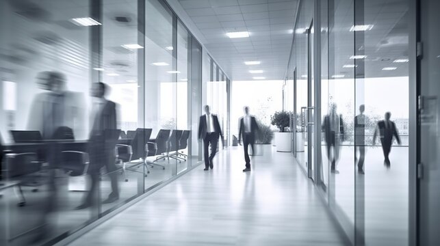 Office corridor, long exposure, motion blur effect, modern business center interior with blurred rushing people. Indoor background. Office life concept. AI generative image.