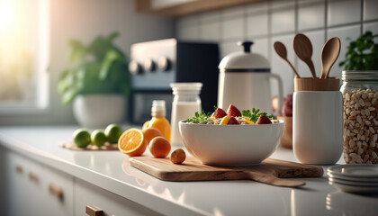 Breakfast time in spacious modern kitchen with healthy food. Cozy indoor interior background. AI generative image.