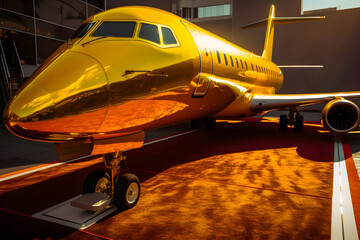Unrealistic expensive business jet private golden shining color plane with open door gangway near the red carpet. Generative AI