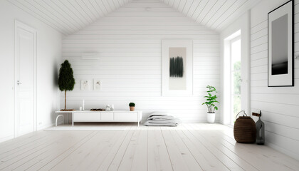 Fototapeta na wymiar Spacious cozy living room, sun light interior indoor background. Light white shades. AI generative image.