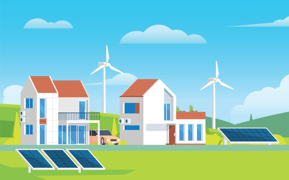 Modern House With Green Sustainable and Renewable Energy Illustration. Villa. Village illustration