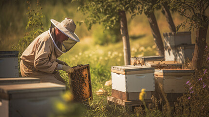 Beekeeper in Protective Suit Checking on Honeybees