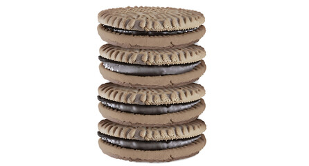  sandwich chocolate cookies with cream isolated on transparent background.
