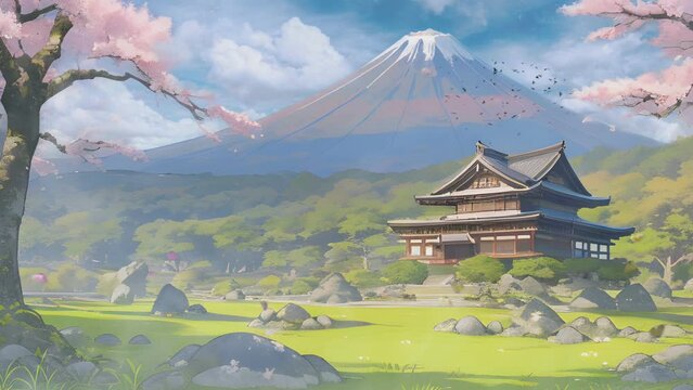 Animated background of cherry blossom trees and traditional house in the Japanese anime watercolor painting style enhances the beauty of a fantasy spring in nature. seamlessly loops animation video.