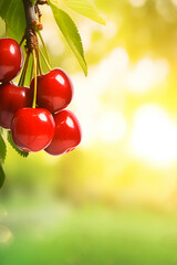 Fototapeta na wymiar Close-up of ripe dark red cherries hanging on a branch of a cherry tree with a blurred background.