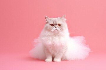 Fluffy cat ballerina on a pink background. Copy space