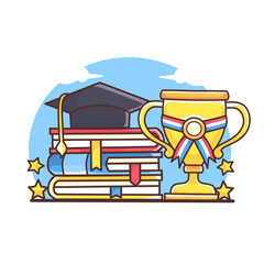 cartoon graduation cap and pile of books,success trophy.educational vector illustration on white background