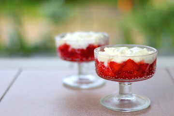 Two bowls of strawberries and whipped cream, served in a garden. Selective focus.
