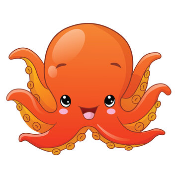 Cute cartoon style orange baby octopus happy smiling isolated on white background illustration