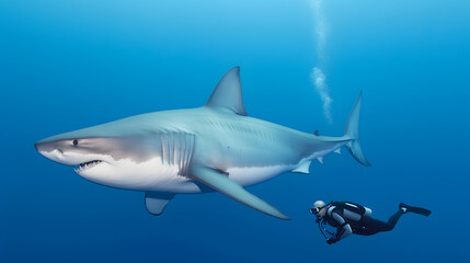 Obraz premium Big shark and diver at deep ocean. Underwater adventure. AI generated