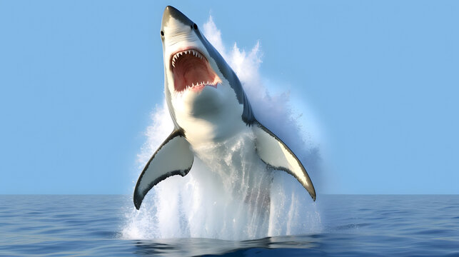 Great white shark jumping out of water at ocean. AI generated