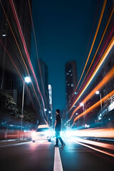 Obraz premium Time lapse photography of vehicle lights and a man at night in city. AI generated