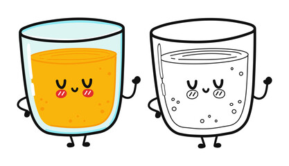 Glass of juice character outline cartoon illustration for coloring book. Vector hand drawn Glass of juice traditional cartoon vintage, retro, kawaii character. Isolated white background
