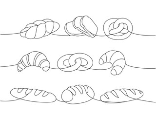Set of fresh breads one line continuous drawing. Whole grain bread, pretzel, croissant, bagel, french baguette continuous one line illustration.