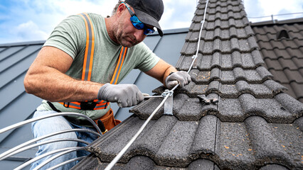 Work on the roof. An electrician installing a lightning rod conductor on a tiles roof. - obrazy, fototapety, plakaty