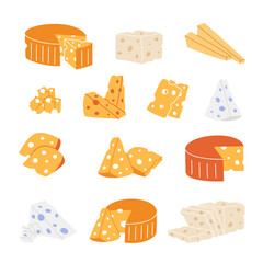 Set of cheese pieces and slices. Pieces of cheese with internal holes. Cheddar, camembert, brick, maasdam, brie, roquefort, gouda, feta and parmesan.
