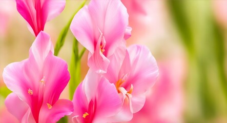 Naklejka na ściany i meble Beautiful flower Gladiolus from smooth elegant transparent fabric concept, contemporary on bright bokeh background 3d pink and peach colors, generative ai