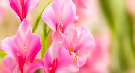 Obraz premium Beautiful flower Gladiolus from smooth elegant transparent fabric concept, contemporary on bright bokeh background 3d pink and peach colors, generative ai